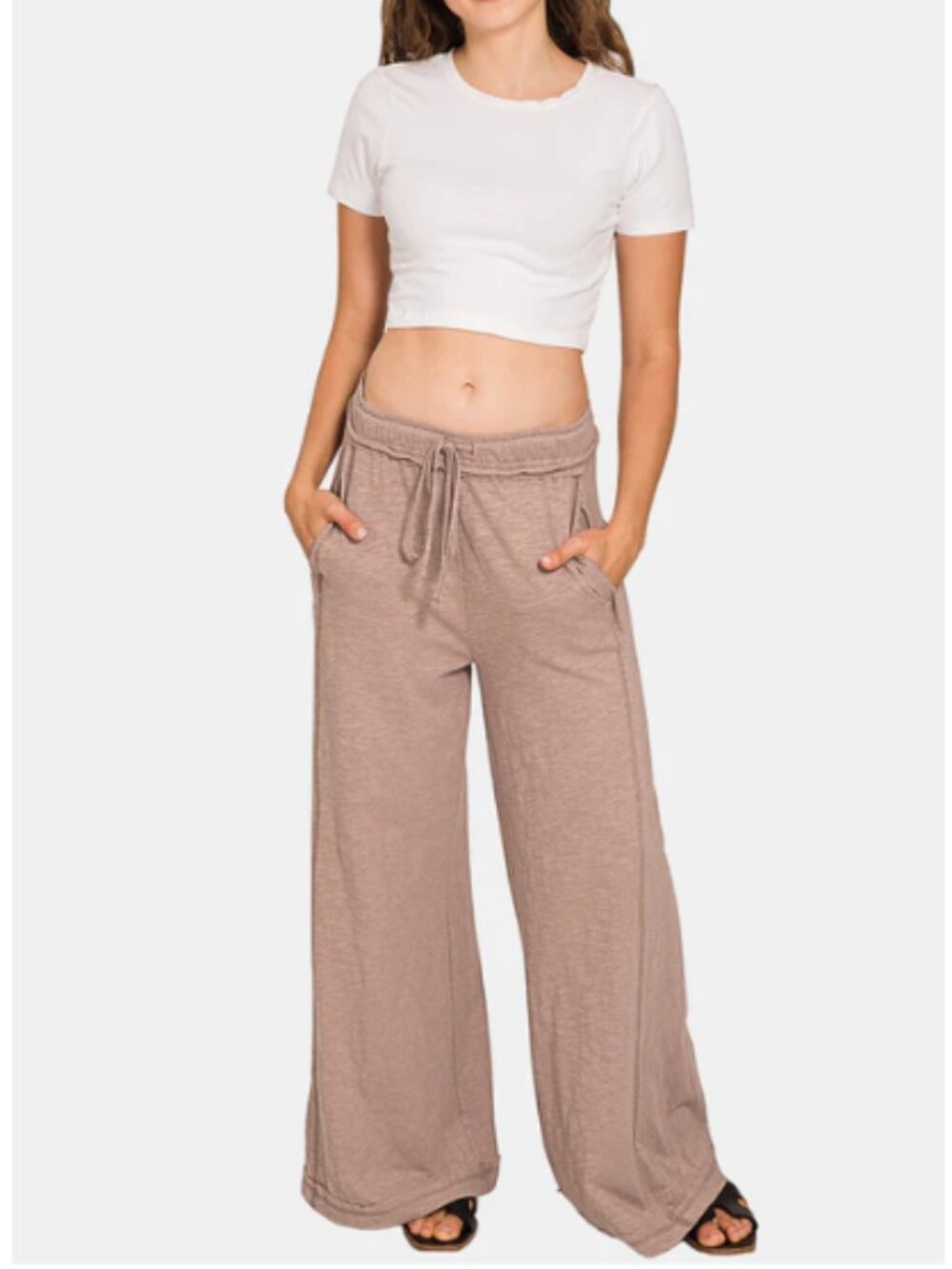 NEW Zenana 100% Cotton Relaxed Slub Short-Sleeved Top Pants Set Beige CSTP-3478 - Picture 5 of 16